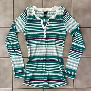 Rue21 Teal, White & Purple Striped Henley Long Sleeve Top